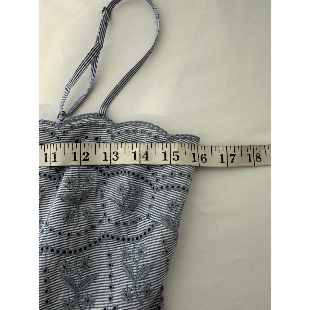 Blue Pinstripe Eyelet Tiered Midi Dress Smocked Back Pockets S Boho Cottagecore - Picture 6 of 8